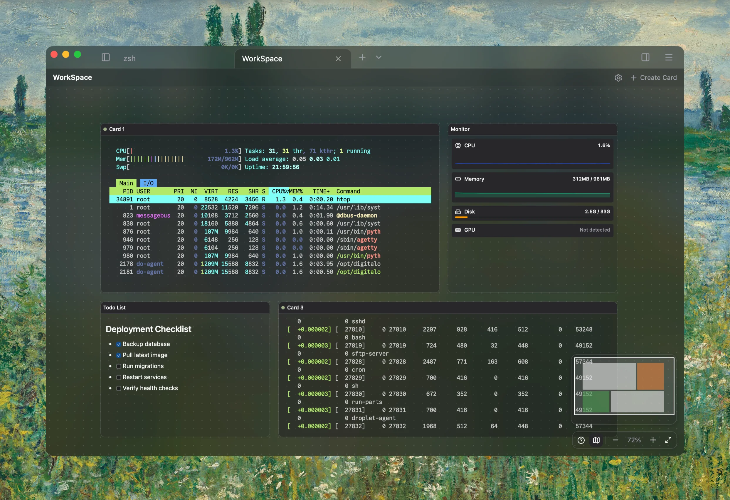 Infinite canvas workspace with terminals, monitors, and markdown cards